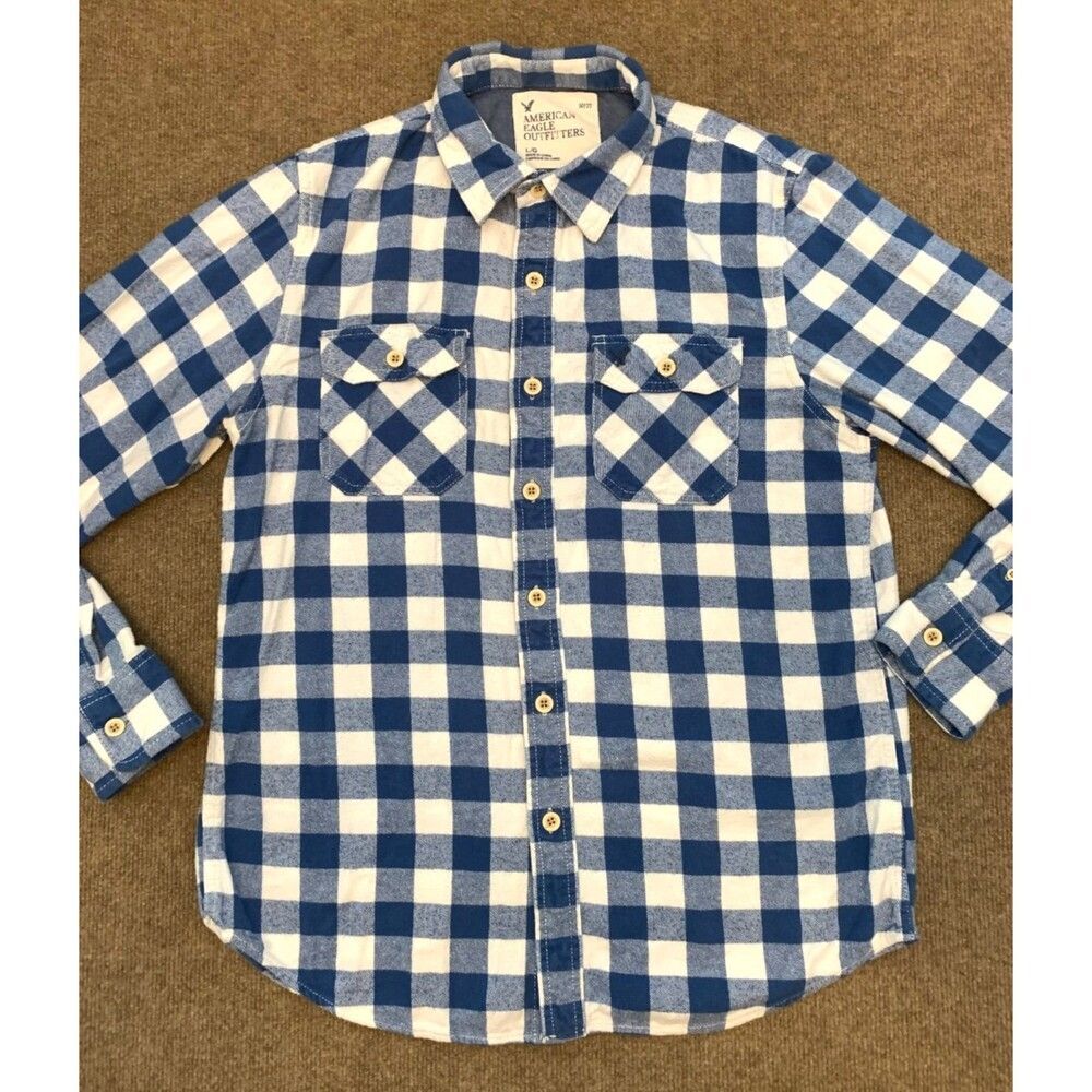 American Eagle Flannel Shirt Mens L Buffalo Plaid Long Sleeve Cotton Button
